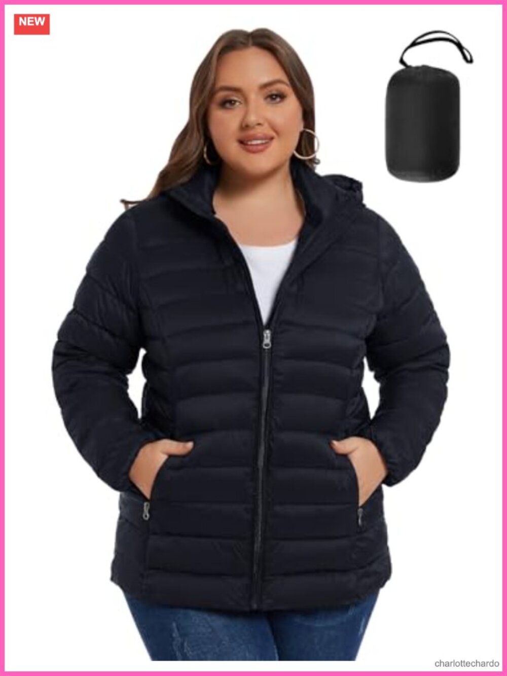 Plus Size Hooded Puffer Jacket Women Packable Zip-Up